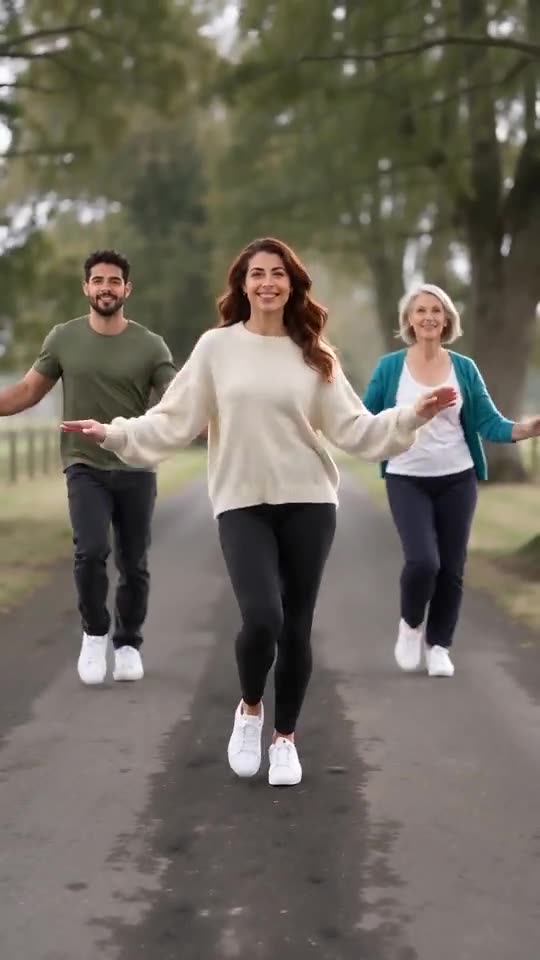 Fotograma de ejemplo: tres adultos bailando lado a lado por un sendero rural bordeado de árboles, filmados con cámara fija