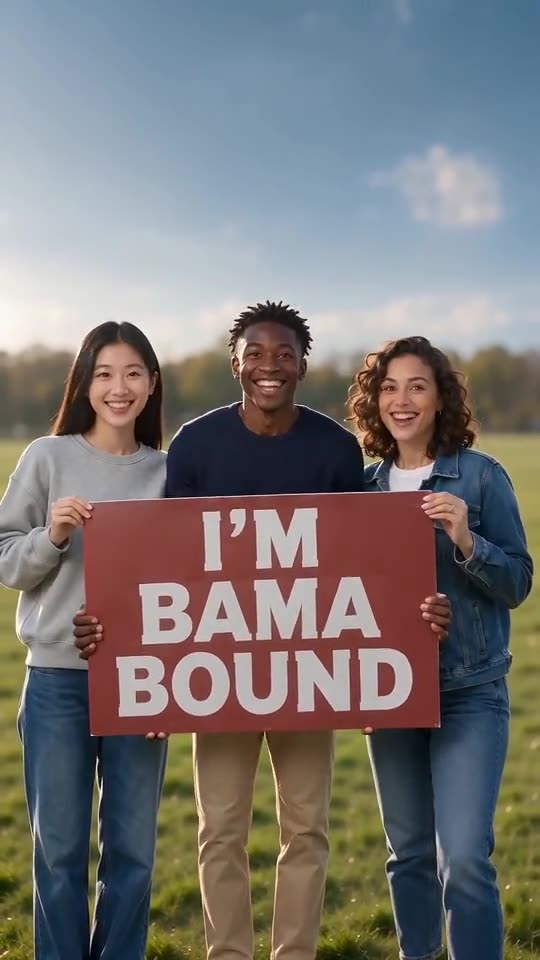 Fotograma de ejemplo: tres adultos sostienen un cartel rojo que dice I'M BAMA BOUND en un césped soleado