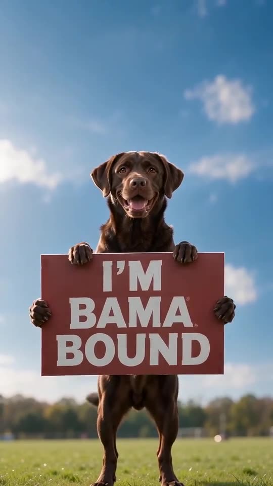 Example frame: a chocolate Labrador standing upright and holding a red sign that reads I'M BAMA BOUND on a sunny lawn