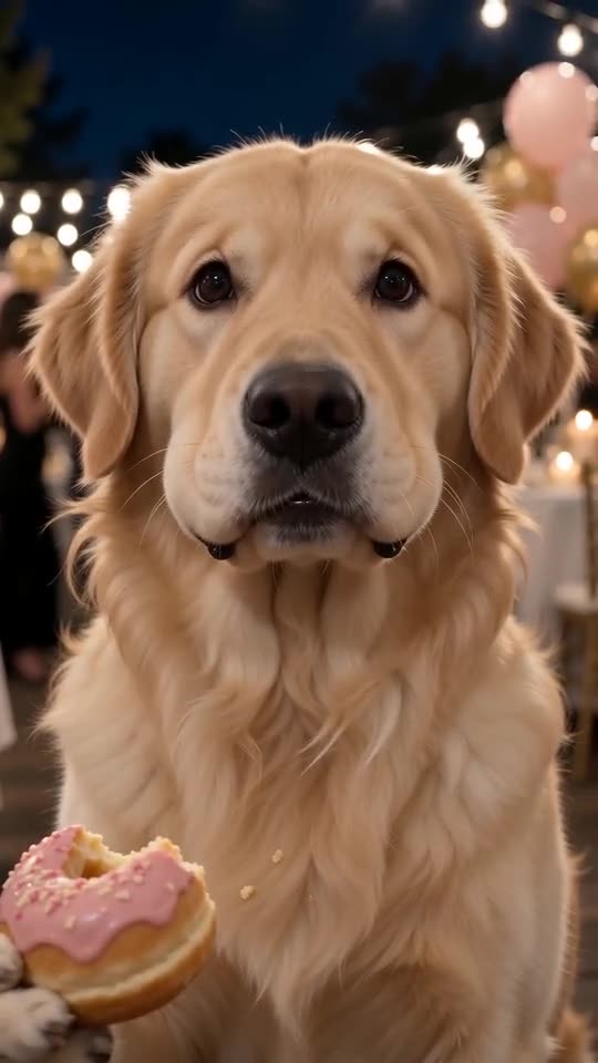 Example frame: a dog facing the lens with a pink bun in one paw and balloons in the background