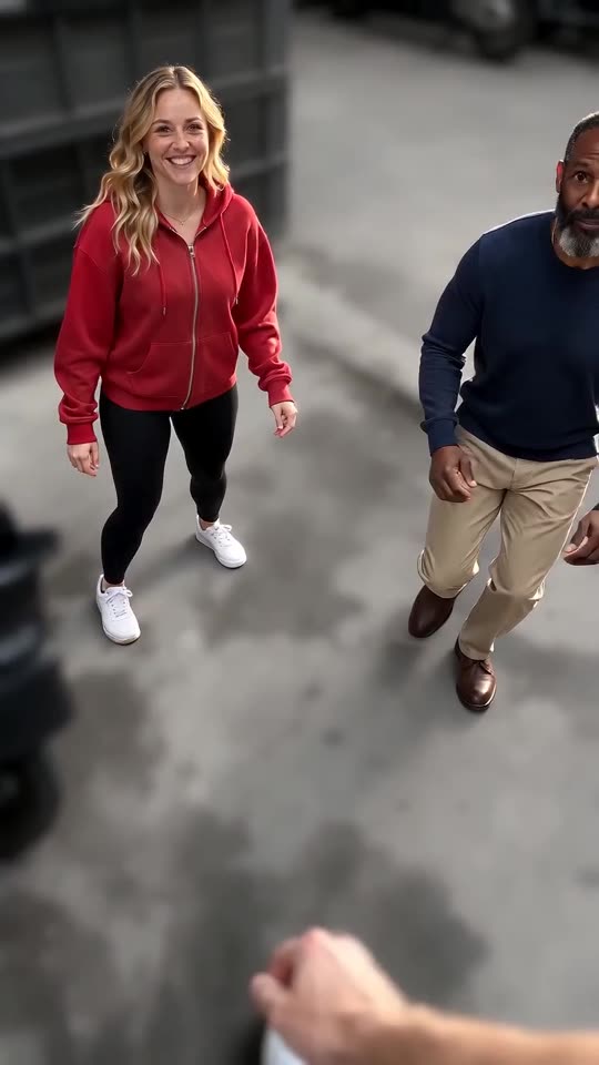Fotograma de ejemplo: una mujer con sudadera roja y un hombre con suéter azul marino en una calle gris, filmados con una cámara muy baja