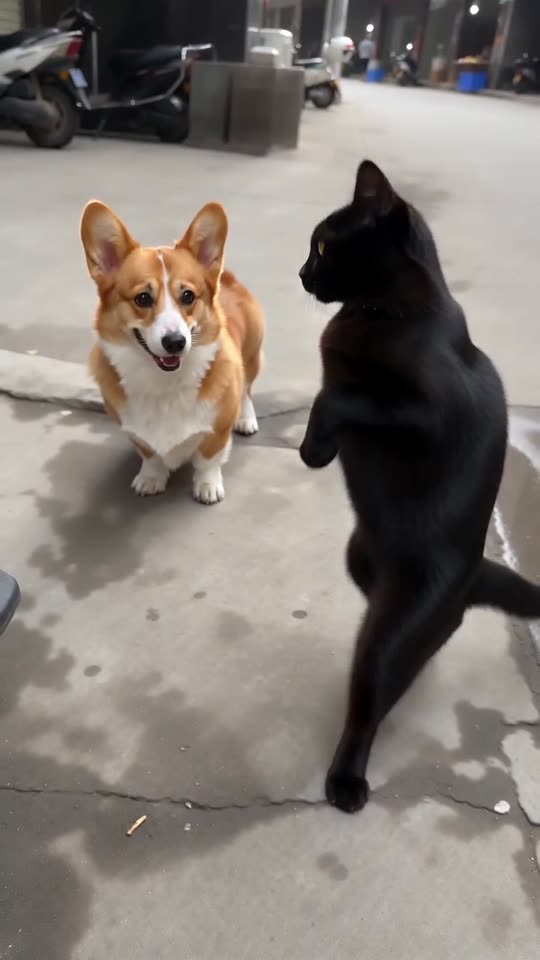 Fotograma de ejemplo: un corgi naranja y blanco y un gato negro caminando erguidos por una calle gris, filmados con una cámara muy baja