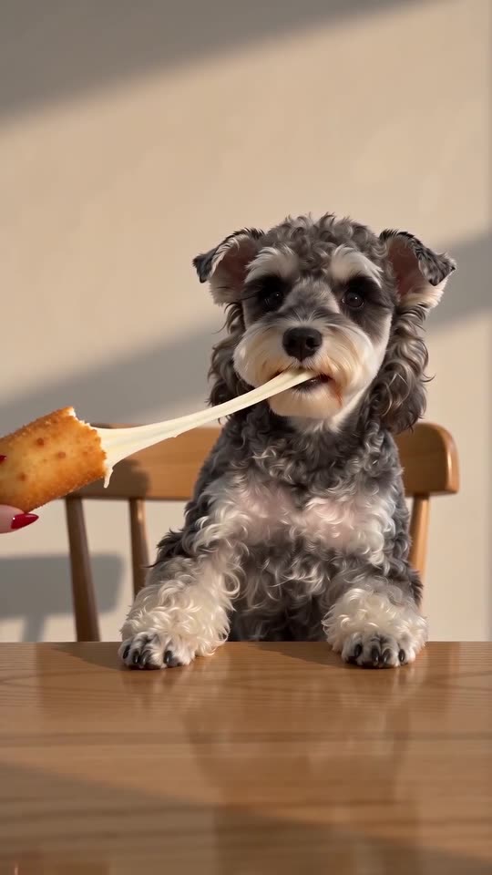 Fotograma de ejemplo: un schnauzer miniatura gris está sentado a una mesa de madera en un comedor cálido y muerde un palito gigante de mozzarella dorada sostenido por una mano con uñas largas de color rojo brillante en el borde izquierdo, con una larga hebra de queso derretido estirándose entre su hocico y el palito