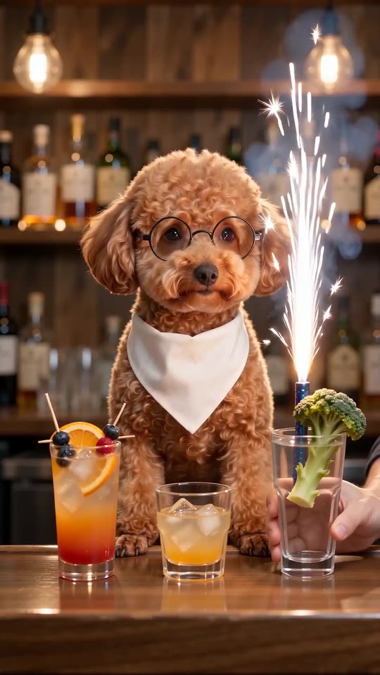 Example frame: an apricot toy poodle in round glasses and a white bib sits behind a wooden bar, with three drinks in a row on the counter and a cold sparkler fountain spitting silver sparks from the third glass, which has a floret of broccoli in it
