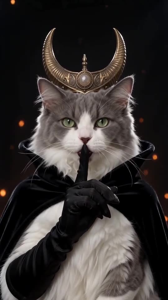 Example frame: a grey cat with a golden crescent crown and black cape