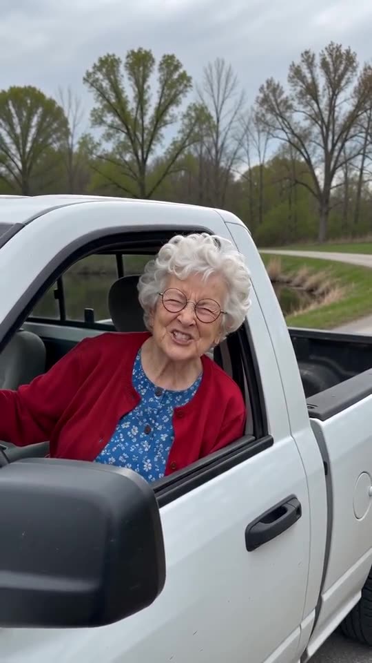 Example frame: a smiling grandmother with white curly hair and round glasses at the window of a white pickup truck, in an AI-generated video