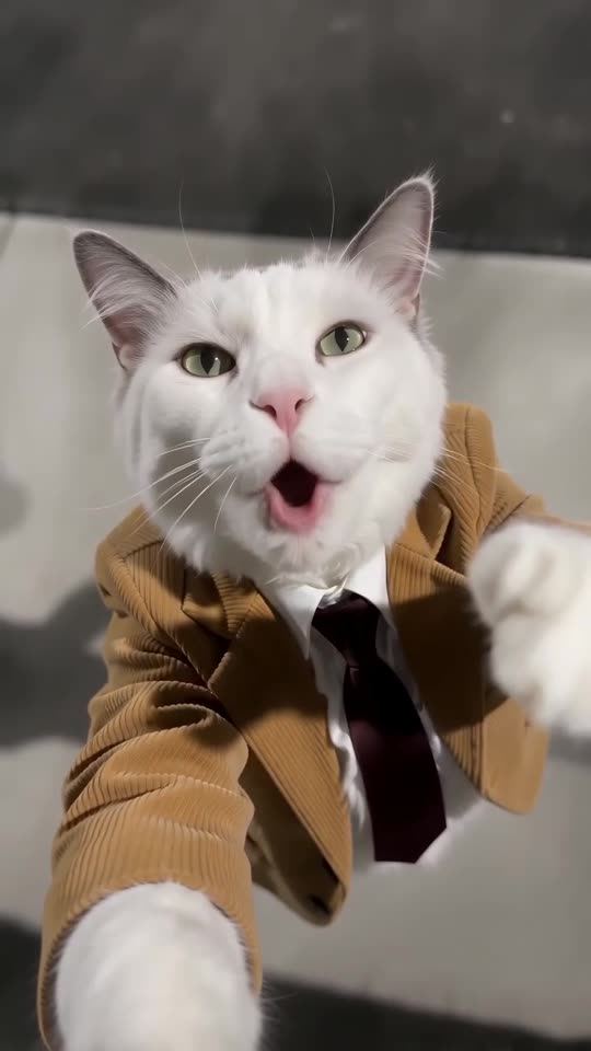 Example frame: a grey-and-white cat in a suit singing into a selfie camera