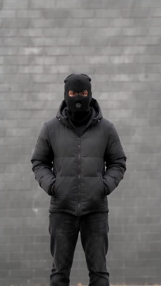 Fotograma de ejemplo: un hombre con pasamontañas negro y chaqueta acolchada negra frente a un muro de ladrillo gris después del flash de la cámara