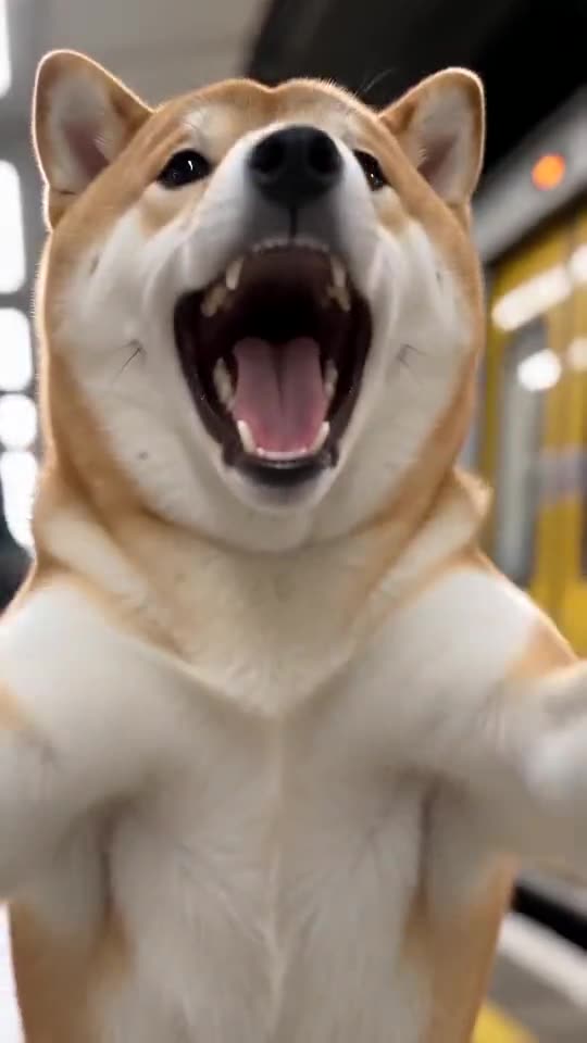 Example frame: a Shiba Inu on a station platform with its mouth wide open, shouting at the camera