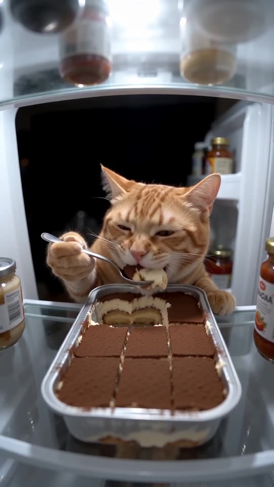Example frame: an orange cat holding a spoon over a tray of tiramisu inside the fridge