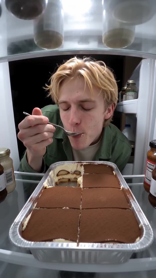 Example frame: a young man eating tiramisu from a tray inside an open fridge, seen from the fridge cam