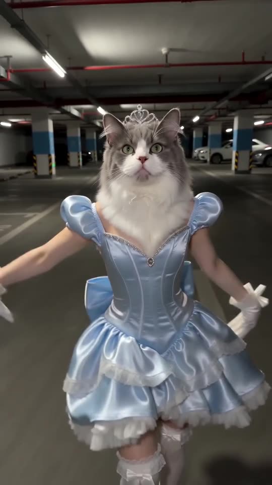 Example frame: a grey and white cat in a pale-blue ball gown and tiara in an underground parking garage