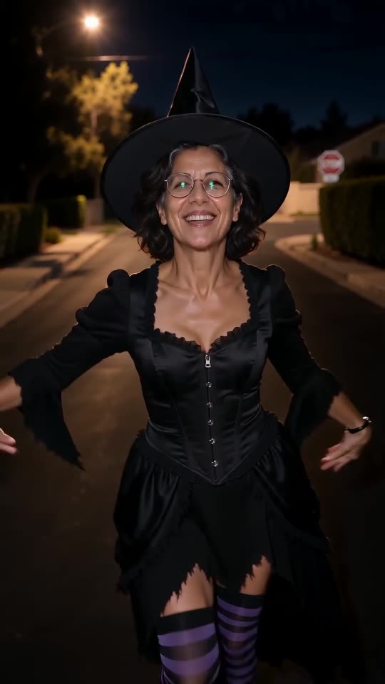 Still from a video made on this site: a woman revealed in a pointed black witch hat