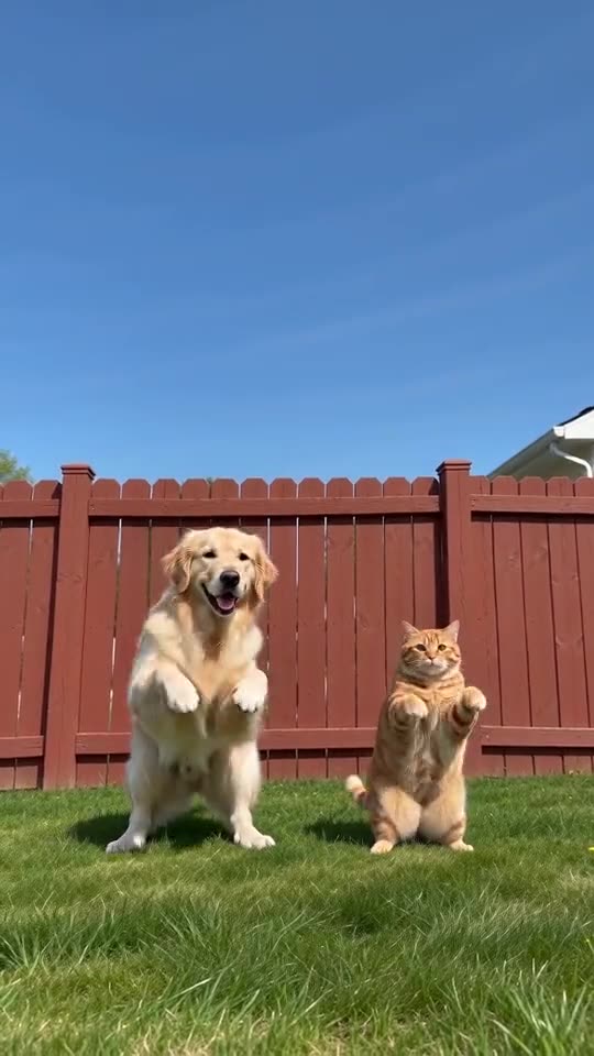 Example frame: a golden retriever and an orange cat dancing upright on a lawn in front of a red fence, in an AI-generated video