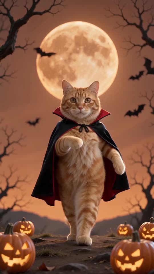 Fotograma de ejemplo: un gato atigrado naranja parado en dos patas con una capa de vampiro forrada de rojo frente a una enorme luna naranja y calabazas iluminadas