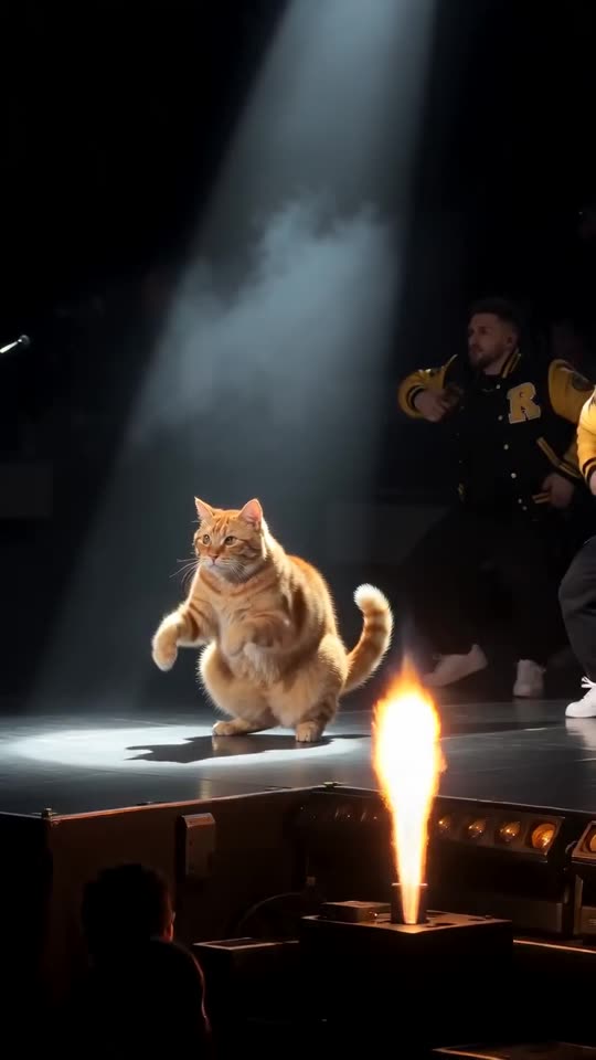 Example frame: an orange cat standing upright as the lead dancer in front of a crew in yellow varsity jackets