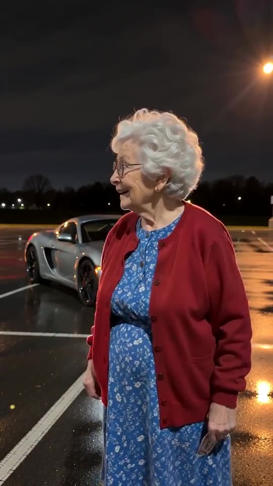Example frame: a reaction shot, a grandmother turning to see the car
