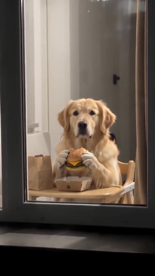 Example frame: a golden retriever eating a burger at a lit window