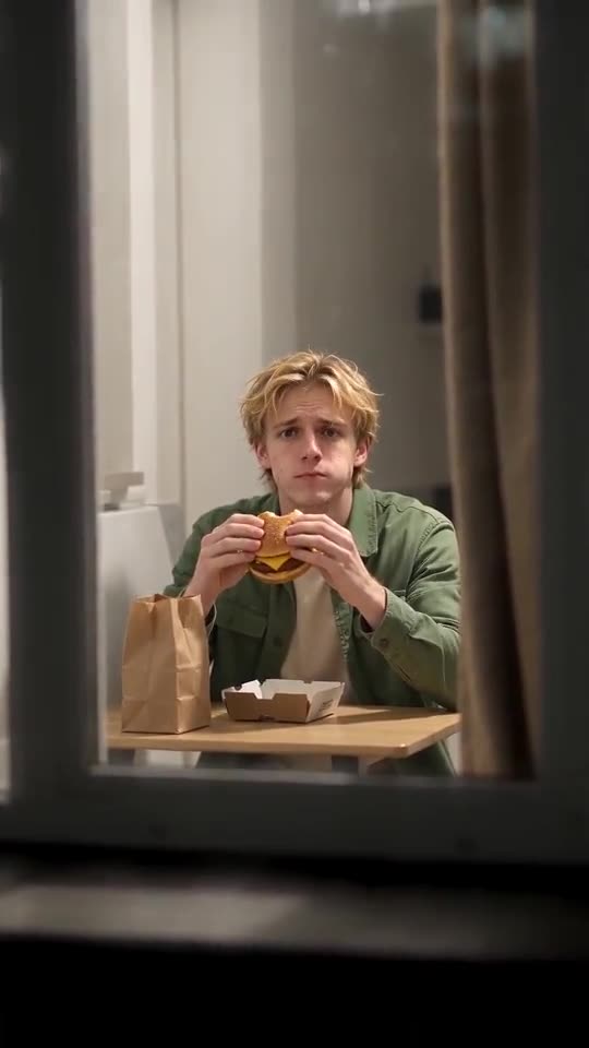 Fotograma de ejemplo: un hombre comiendo una hamburguesa en una ventana encendida