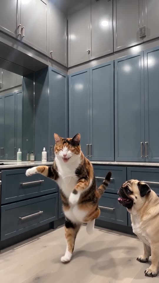 Example frame: a calico cat dancing upright next to a fawn pug in a blue-grey kitchen